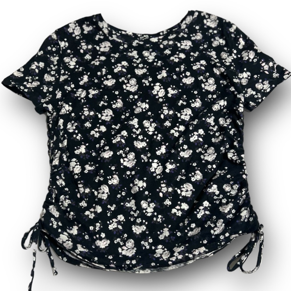 VS Pink Adjustable Runched Side Tie Black Floral Cotton T-Shirt, Size XS, EUC